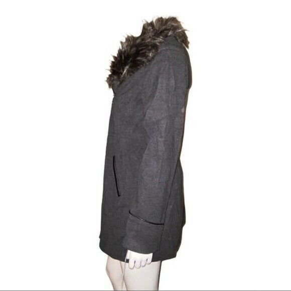 Maralyn Me Juniors Faux-Fur-Trim Hooded Asymmetrical Charcoal Coat Medium NWT - Picture 4 of 9
